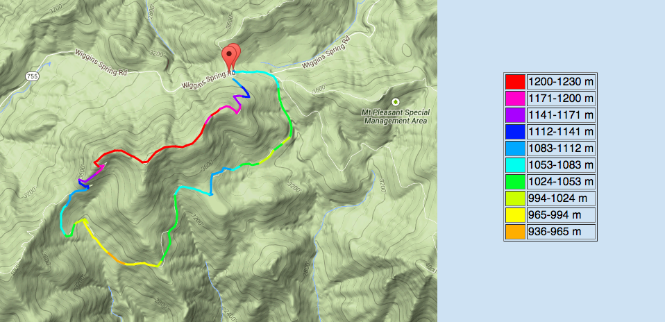 Cold Mountain hike plotted on a topo map